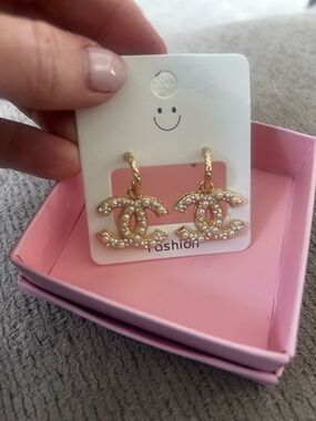 Gold Pearl-Accent Double C Drop Earrings -